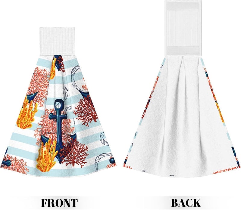 PDDCWAY Anchor Hanging Hand Towels 2 Pcs Absorbent Nautical Blue White Stripe Hand Towels Sea Coral Hanging Kitchen Towels Soft Breathable Anchors Fingertip Towel for Bathroom Kitchen Hotel Spa Decor Gift - Image 2